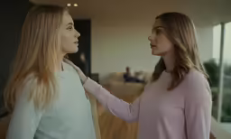 two women are talking in the living room