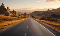 a long road runs through the desert to mountains