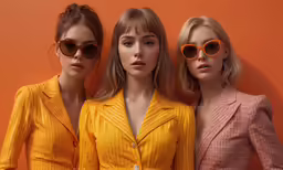 three models in yellow and red sunglasses stand with one wearing a jacket and skirt