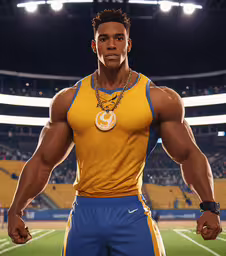 an image of a man wearing a yellow and blue uniform,an image of a character in a sports outfit