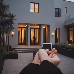 someone holding their cell phone outside their home