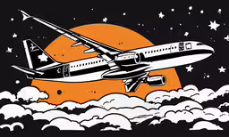 an airplane flies above the clouds and stars,an airplane flying high above clouds under a red sun