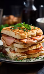a stack of pancakes topped with ham and fresh herbs