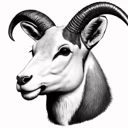 an animal head with large horns and short curled horns