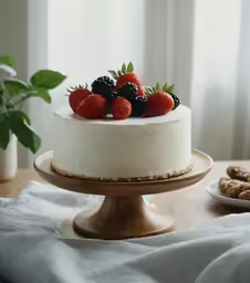 a cake topped with strawberries on top of a wooden plate
