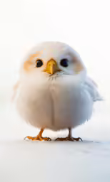 a little white owl with blue eyes and a small brown nose