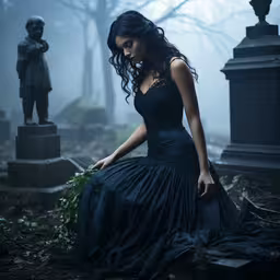 a young lady is holding some flowers in the park,woman wearing dress standing in a cemetery near statue