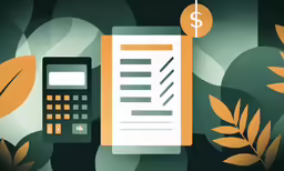 a calculator, money and an orange calculator on a background of foliage