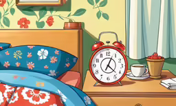 an alarm clock sitting on a desk next to a bed