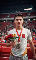 a boy wearing red ribbon with two medals on his neck and holding a bunch of flowers