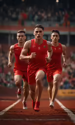 men on a track wearing red running for the camera
