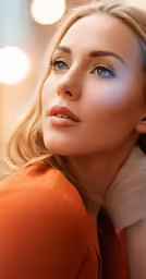a blond woman with blue eyeshadow and tan blouse posing for the camera