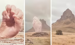 a hand reaching up with two different views of it