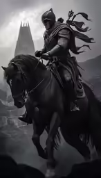 knight riding his horse near a huge building