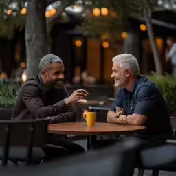 two men smiling at each other, having coffee