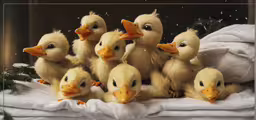 a group of little ducks sitting together by christmas tree