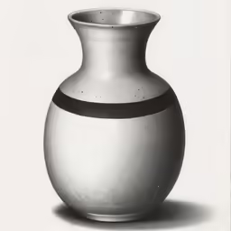 the grey vase is next to the black stripe on the white wall