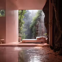 a room with a bed sitting on top of a wooden floor