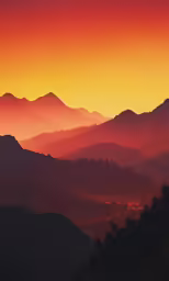 a painting of the sunset behind the mountains