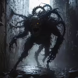 a demonic creature is walking through the dark forest