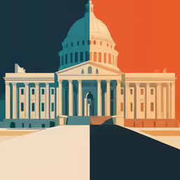 a capitol building at sunset with an orange sky in the background