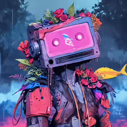 a man wearing an alien type suit with flowers around his head