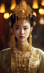 an asian geisha with gold necklace and earrings,an oriental woman is wearing a gold costume