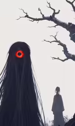 a woman standing in front of a large evil head