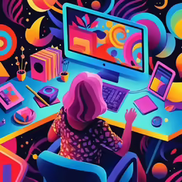 a colorful digital painting shows a girl at the computer
