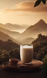 a glass of milk sitting on top of a wooden table