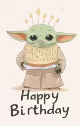 an illustration of a cartoon baby yoda holding a plate with a cupcake on it