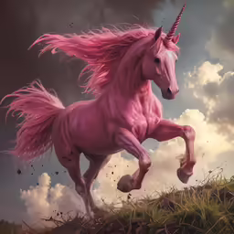 a pink unicorn running with a dark sky in the background