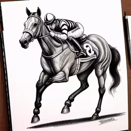 an ink painting of a jockey riding a horse,a drawing of a jockey riding a horse