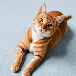 an orange and white cat laying on a blue floor