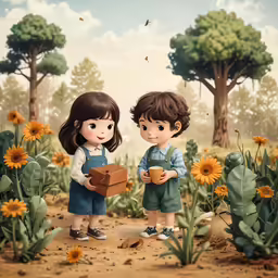 two children standing next to each other in the middle of a field with sunflowers