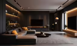 a living room with several different pillows on the couch
