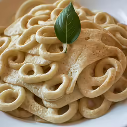 a white plate with noodles, greens and cinnamon