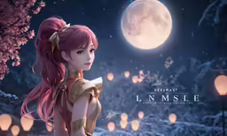 a girl in the moon holding a bow and wearing a red wig