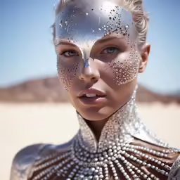 a woman with silver makeup and pearls on her face
