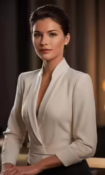 the woman with black hair in a cream jacket