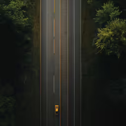 a very long road that has yellow traffic signs