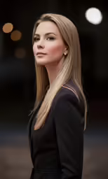 a woman wearing a black suit is looking at something