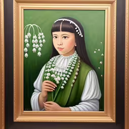 the painting of a young woman with lily of the valley,a woman with long hair holding lily of the valley,this is a painting of a young girl in a dress,painting with flower in frame hanging on wall,an oil painting of a woman with lily of the valley
