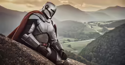 a man sitting on top of a hill wearing a helmet