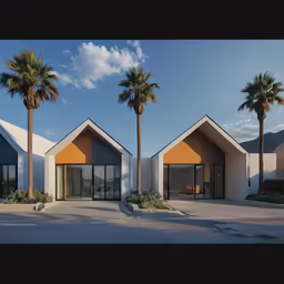 three modern residential architecture of two houses with trees outside