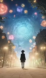 a person looking up at an image with many colorful objects flying overhead