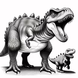 a drawing of a t - shirt with an angry dinosaur,the dinosaur and the baby t - rex are ready to be taken for some fun,two dinosaurs in a cartoon style pose,an animal drawing of a dinosaur and its baby,a dinosaur with its head on the ground and another dinosaur