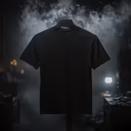 black shirt hanging on clothes rack with fog over