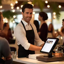 the smiling waiter is standing at a counter