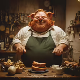 a man in an apron is eating a huge sandwich